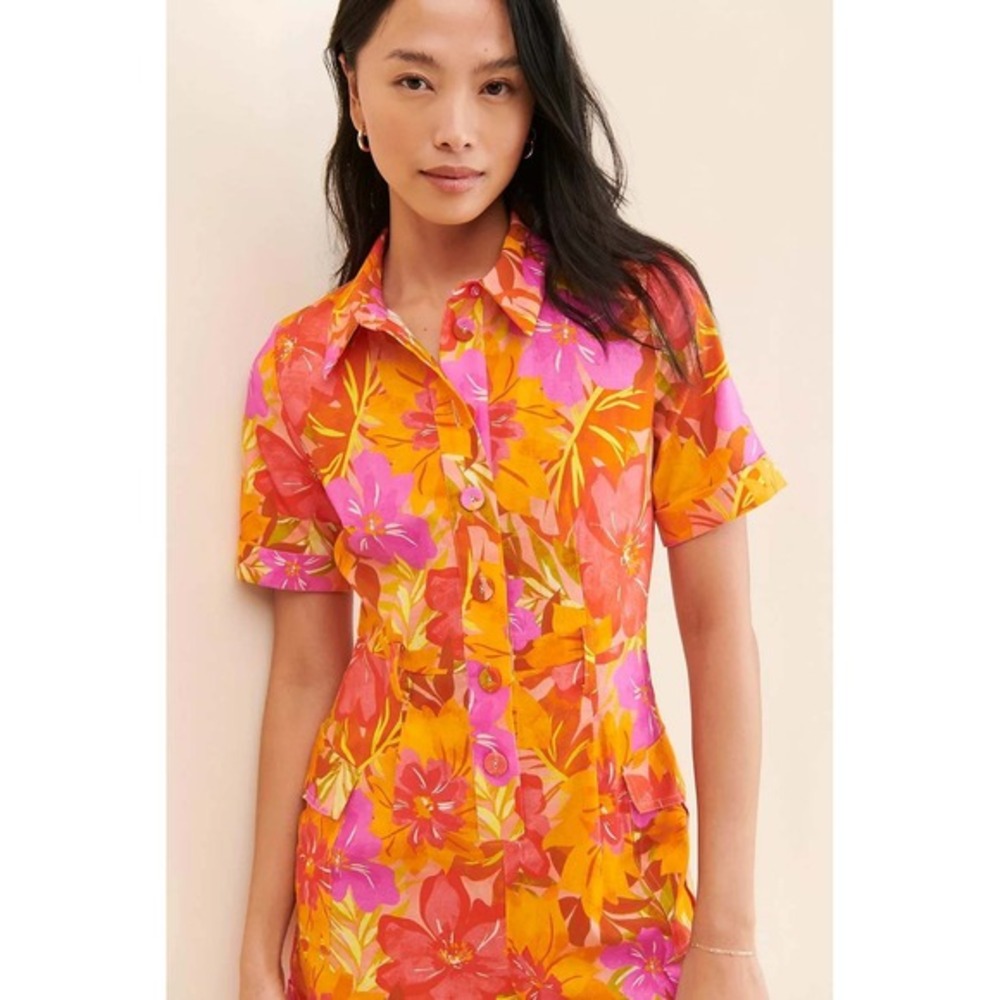 Kachel x Anthropologie Floral Linen Blend Romper Size 2 Orange Tropical Resort‎ - Picture 3 of 13